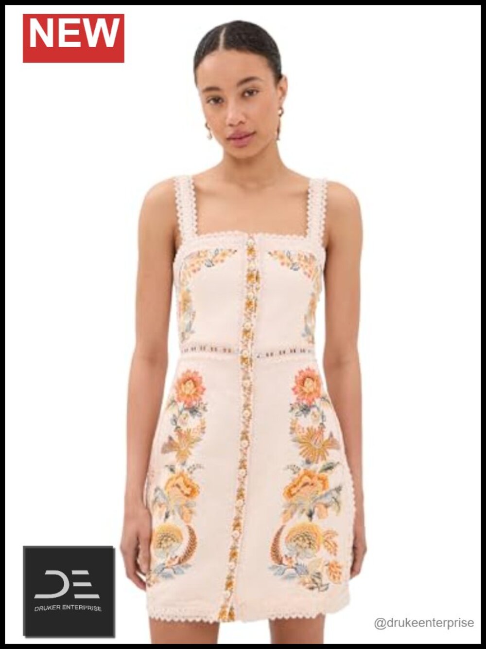 Sleeveless Linen Mini Dress Square Neck Scalloped Lace Trim